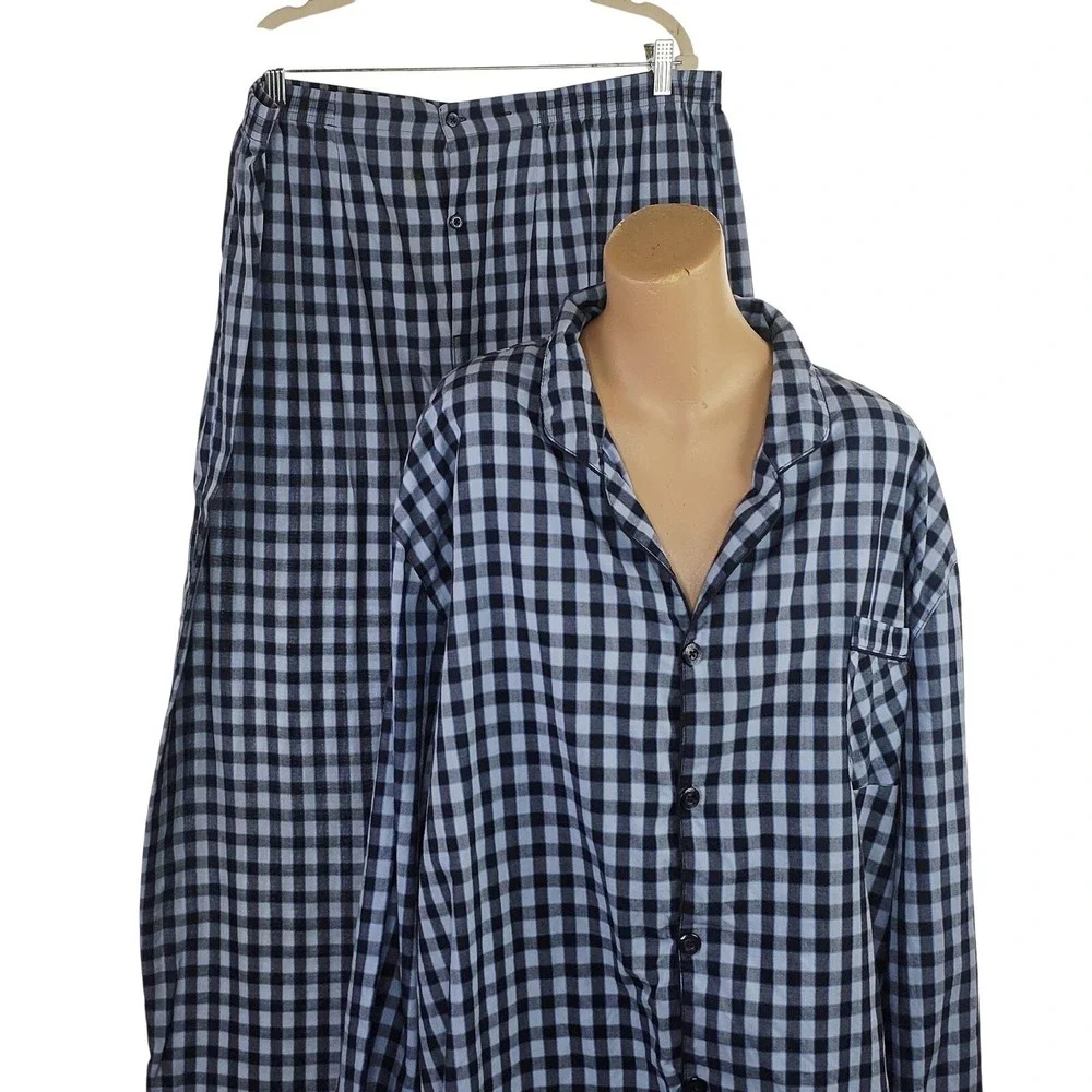 Hanes Pajama Set‎ Mens 2XL Blue Black Check Button Front Sleepwear Lounge Casual